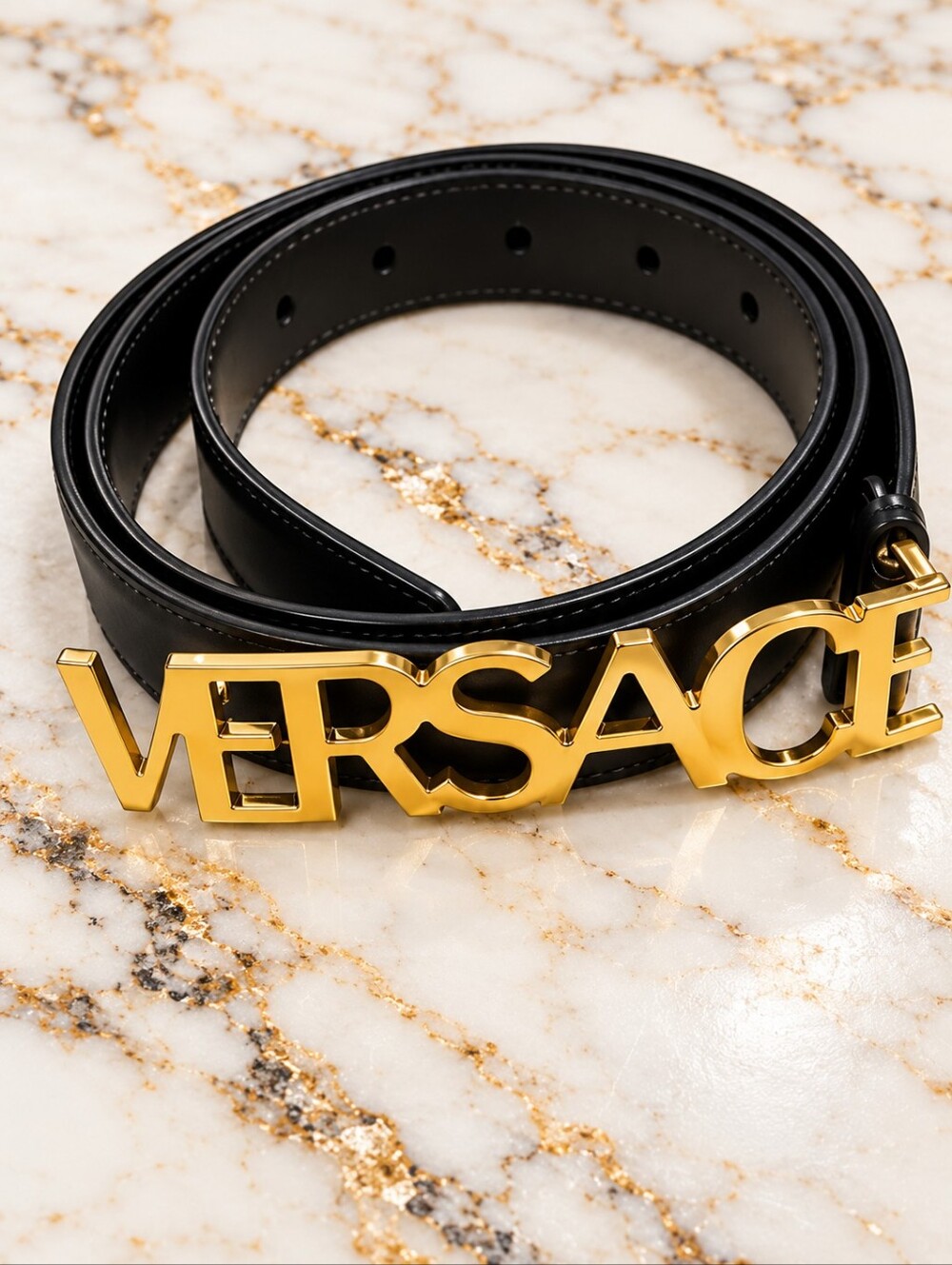 Versace Black Leather Logo Belt with Gold Buckle - women Accessories